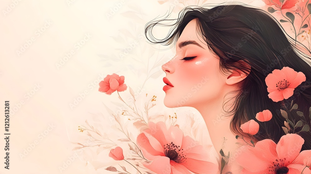 Fototapeta premium Enchanting Woman Surrounded by Beautiful Floral Blooms in Peaceful Setting