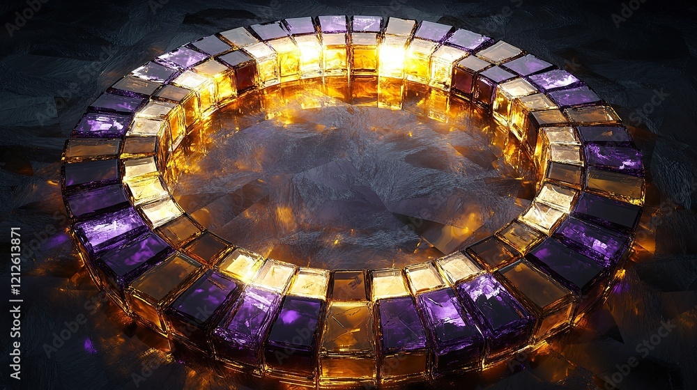 Fototapeta premium A glowing circular mosaic made of intricate tessellations of transparent amber and violet glass-like tiles