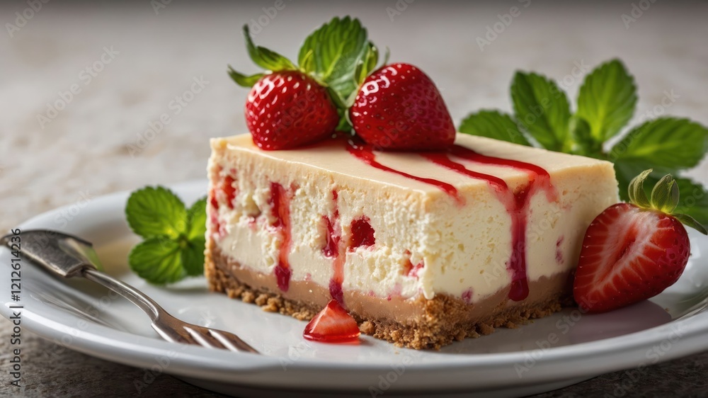 A delicious cheesecake topped with strawberries and sauce, served on a plate. A delicious cheesecake topped with strawberries and sauce, served on a plate.