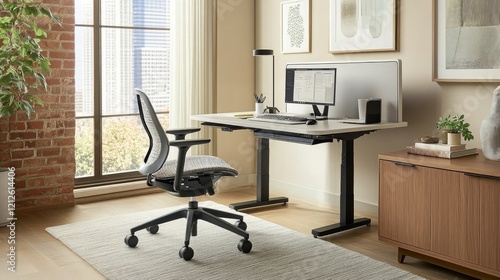 A stylish home office in a minimalist style, showcasing a simple desk, ergonomic chair, and ample natural light, promoting productivity and focus in a clutter-free environment. photo