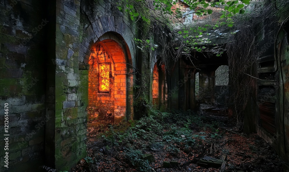 Mysterious and eerie glow emanating from an abandoned and overgrown ruin, decrepit, eerie Mysterious and eerie glow emanating from an abandoned and overgrown ruin, decrepit, eerie