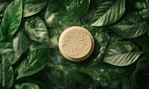 Natural skincare product on textured surface surrounded by green leaves, conveying sense of freshness and purity. Ideal for promoting eco friendly beauty photo