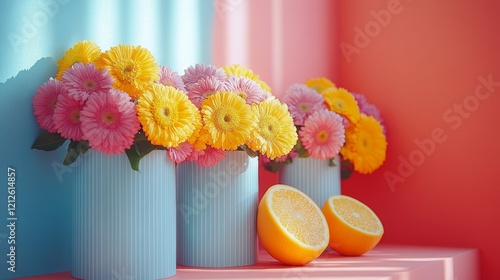 Colorful vases with fresh flowers and citrus photo