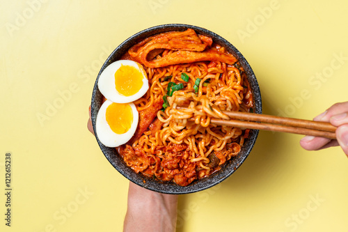 A bowl of spicy Korean ramen with red broth, topped with soft-boiled eggs, fish cakes, and garnished with green onions. A hand holds the bowl while another hand uses chopsticks to pick up the noodles