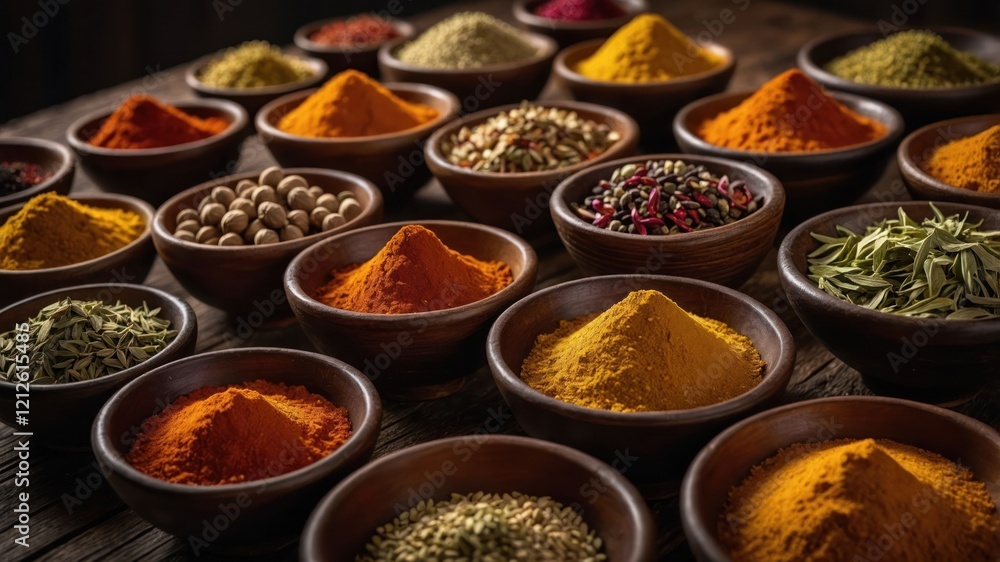 A vibrant array of spices in bowls, showcasing their rich colors and textures. A vibrant array of spices in bowls, showcasing their rich colors and textures.