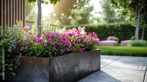 Rust-Colored Corten Steel Flower Pot with Pink Petunias, Colorful Floral Composition in a Stylish Garden Setting, Outdoor Greenery Decor, Modern Landscaping, Flowers in Outdoor Pot.