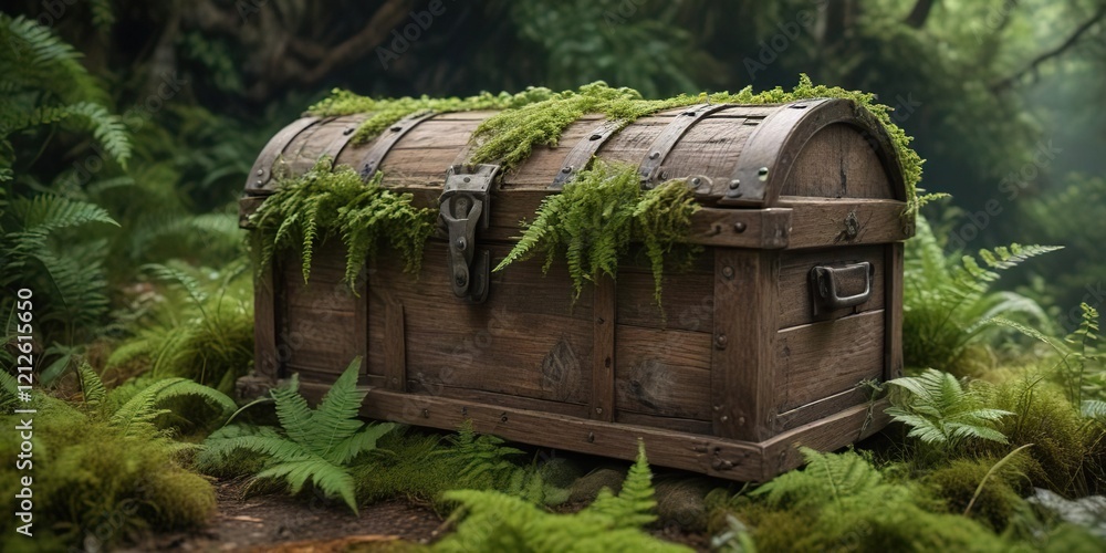 Fototapeta premium Weathered wooden chest covered in moss and ferns, greenery, aged, outdoors, worn