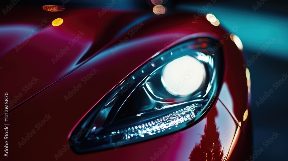 A close-up shot of a red sports car's headlight, perfect for automotive or transportation-related concepts A close-up shot of a red sports car's headlight, perfect for automotive or transportation-related concepts