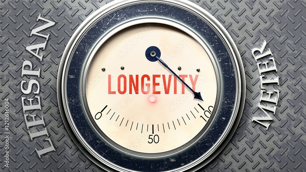 Longevity and Lifespan that is hitting a full scale, showing a very high level of longevity, overload of it, too much of it. Maximum value, off the charts. ,3d illustration Longevity and Lifespan that is hitting a full scale, showing a very high level of longevity, overload of it, too much of it. Maximum value, off the charts. ,3d illustration