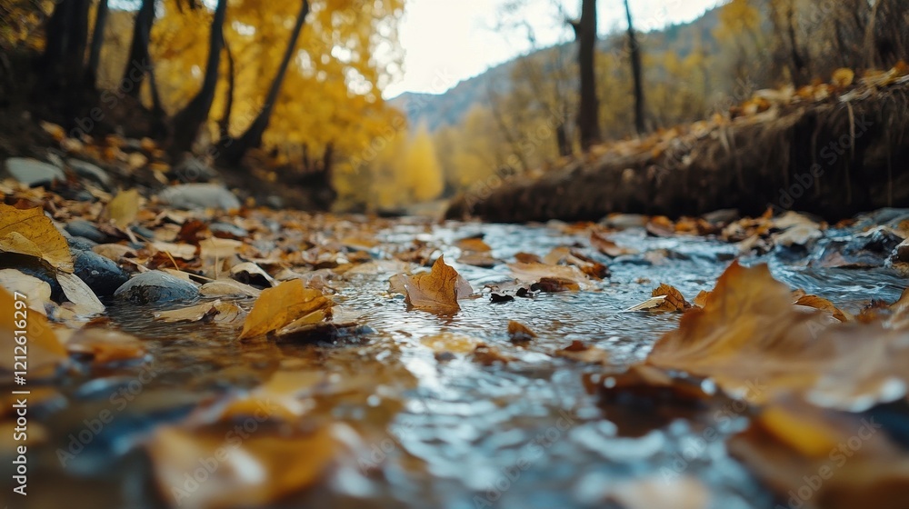 A serene photo of a flowing stream surrounded by autumn leaves A serene photo of a flowing stream surrounded by autumn leaves