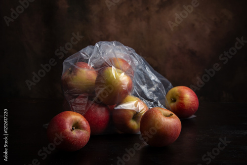 Close-up of red apples in plastic bag on table, dark background, horizontal, with copy space