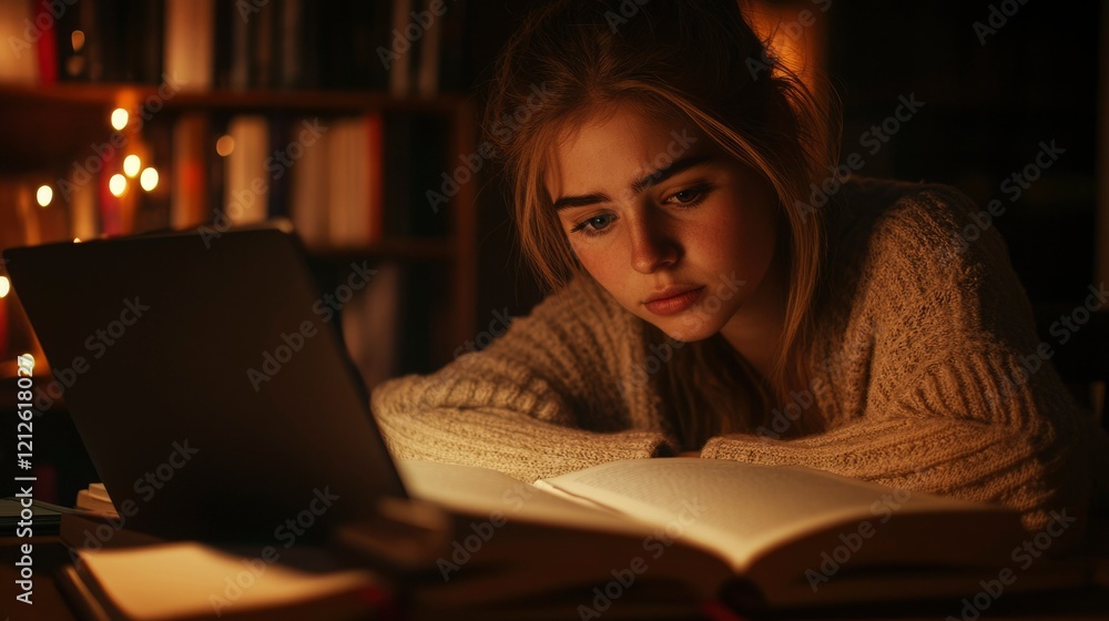 Young Woman Studying Books Laptop Soft Lighting Young Woman Studying Books Laptop Soft Lighting