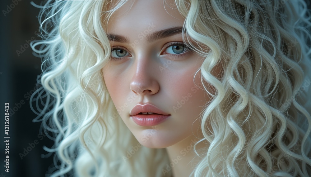 Detailed Portrait of a Woman with Curly Silver Hair and Blue Eyes Detailed Portrait of a Woman with Curly Silver Hair and Blue Eyes