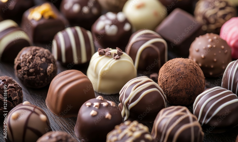 Rich velvety chocolate truffles sitting on a dark brown wooden table, treats, indulgence, sweets, cocoa Rich velvety chocolate truffles sitting on a dark brown wooden table, treats, indulgence, sweets, cocoa