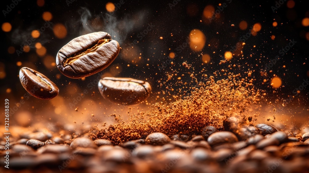 Roasted coffee beans exploding, dark background, festive lights, food advertising Roasted coffee beans exploding, dark background, festive lights, food advertising
