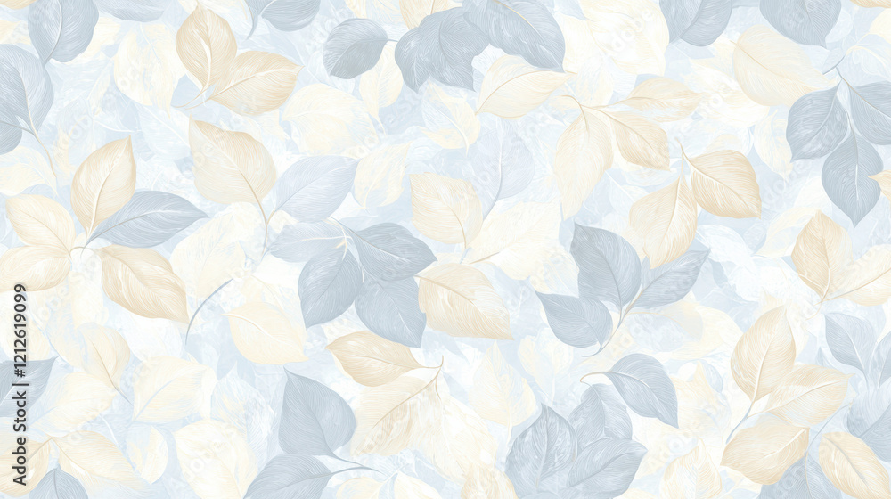 Elegant wallpaper featuring subtle floral pattern with soft blue and cream leaves, perfect for serene interior design Elegant wallpaper featuring subtle floral pattern with soft blue and cream leaves, perfect for serene interior design