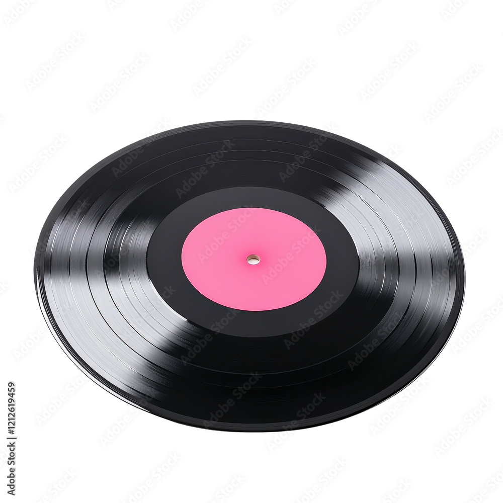 Black and pink vinyl record featuring a white disc on a wooden surface with natural lighting isolated on transparent background. Black and pink vinyl record featuring a white disc on a wooden surface with natural lighting isolated on transparent background.