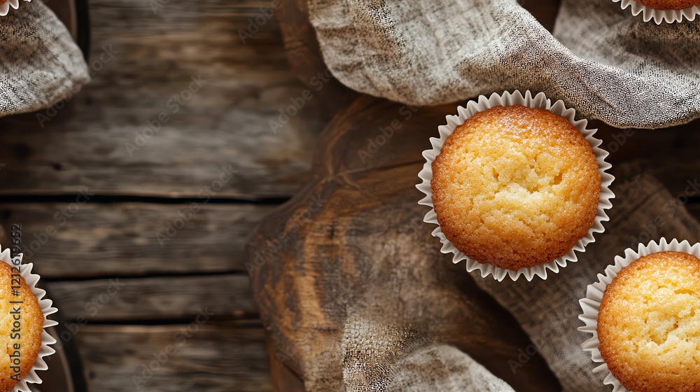 Delicious muffins placed on rustic wooden table with natural lighting creating a warm and inviting atmosphere. Delicious muffins placed on rustic wooden table with natural lighting creating a warm and inviting atmosphere.