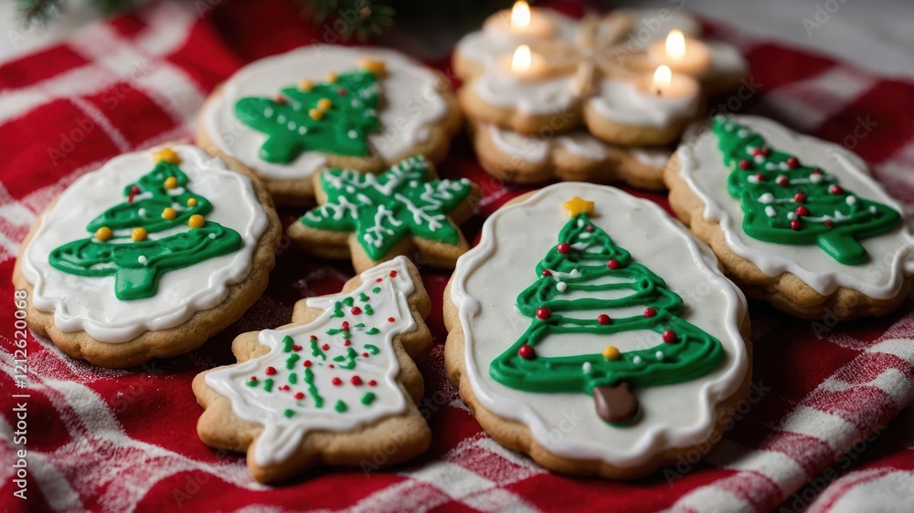 Festively decorated Christmas cookies on a red checkered cloth, with candles and greenery. Festively decorated Christmas cookies on a red checkered cloth, with candles and greenery.