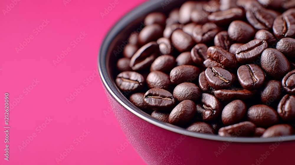 Fototapeta premium Roasted coffee beans in bowl, pink background