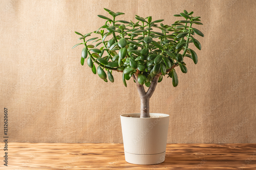 Φωτογραφία Succulent houseplant Crassula ovata in a pot on a rustic wooden background