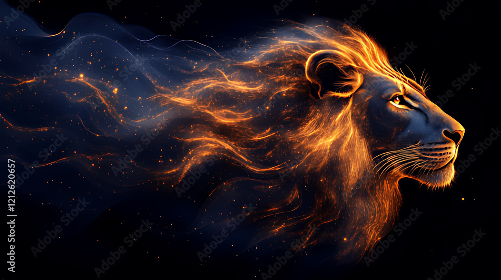 Fiery Lion Mane, Dark Background, Abstract Art, Power Symbol