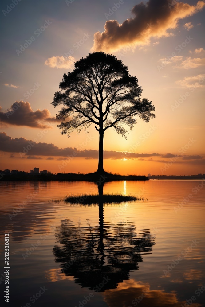 Fototapeta premium arafed tree in the middle of a lake with a sunset in the background