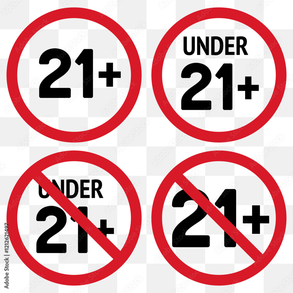 21 plus only icon. Age limit under 21 years old is forbidden circle sign symbol vector illustration. Under 21 sign in on white background. Over 21 only censored. Twenty one years older persons adult, 21 plus only icon. Age limit under 21 years old is forbidden circle sign symbol vector illustration. Under 21 sign in on white background. Over 21 only censored. Twenty one years older persons adult,