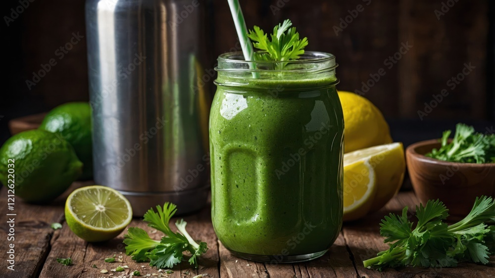 A refreshing green smoothie in a jar, surrounded by citrus and herbs. A refreshing green smoothie in a jar, surrounded by citrus and herbs.