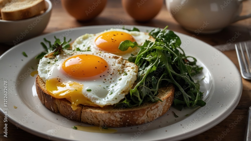 A plate of sunny-side-up eggs on toast with arugula, served for breakfast. A plate of sunny-side-up eggs on toast with arugula, served for breakfast.
