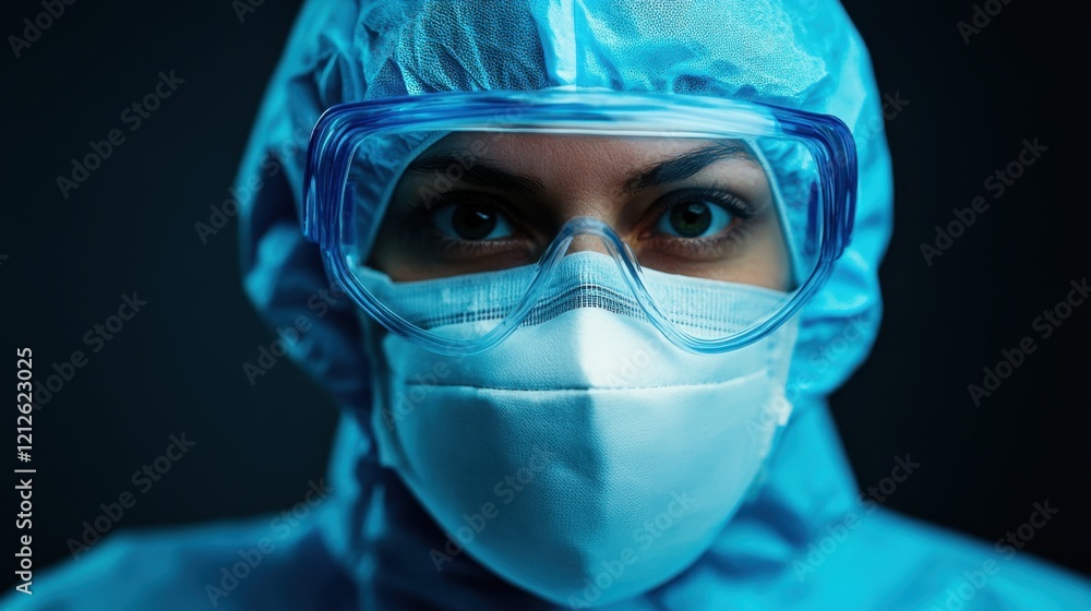Healthcare professional wearing a protective suit and mask, likely in a medical or laboratory setting Healthcare professional wearing a protective suit and mask, likely in a medical or laboratory setting