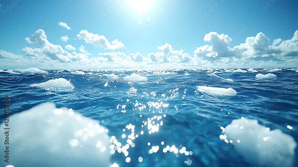 Fototapeta premium Blue Ocean with Floating White Ice Chunks Under Bright Sun and Clouds
