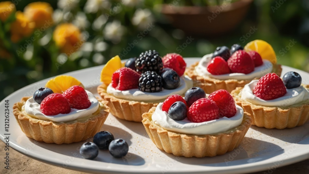 A plate of fruit tarts topped with berries and cream, perfect for dessert or a celebration. A plate of fruit tarts topped with berries and cream, perfect for dessert or a celebration.