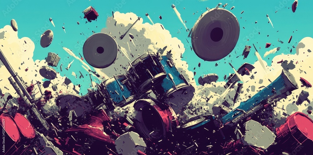 Exploding Drum Kit Amidst a Sky of Debris Exploding Drum Kit Amidst a Sky of Debris