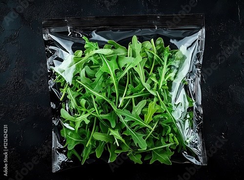 Vector top view of fresh arugula salad in a transparent polyethylene plastic bag package on a black background, real photo. 