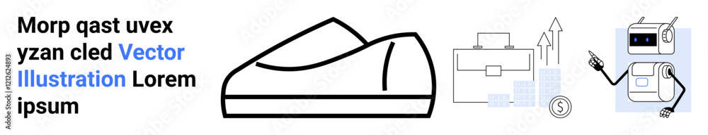Shoe, briefcase, growth chart with upward arrow, and robot character elements. Ideal for business, technology, e-commerce, startups, innovation, marketing, and automation themes. Landing page Shoe, briefcase, growth chart with upward arrow, and robot character elements. Ideal for business, technology, e-commerce, startups, innovation, marketing, and automation themes. Landing page