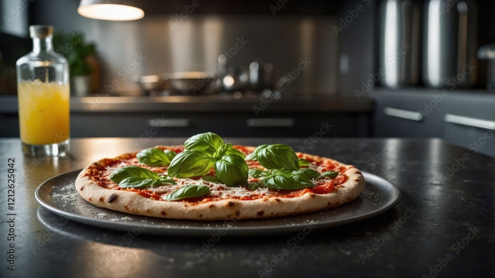 A freshly baked pizza topped with basil leaves on a dark countertop, with a drink nearby. A freshly baked pizza topped with basil leaves on a dark countertop, with a drink nearby.