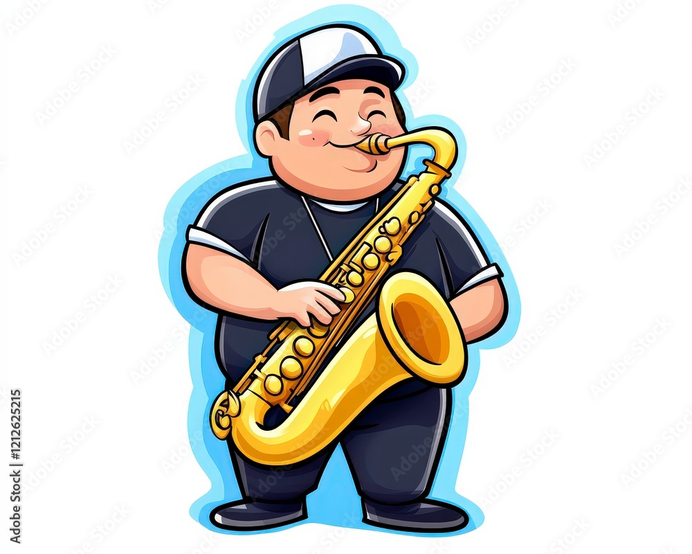 Naklejka premium Happy Musician Playing Saxophone with Joyful Expression