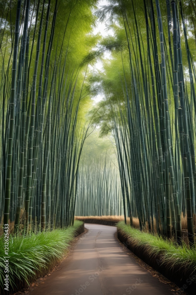 Fototapeta premium arafed view of a path through a bamboo forest with tall green trees