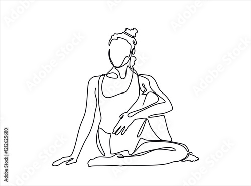 Continuous line drawing of a woman in a yoga pose, representing relaxation and fitness. Vector art focused on health and meditation, isolated on a white background.