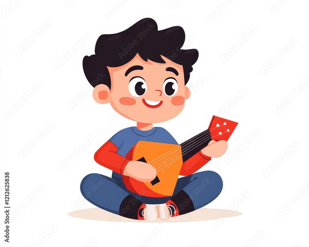 Happy Child Playing Music on Small Musical Instrument at Home Happy Child Playing Music on Small Musical Instrument at Home