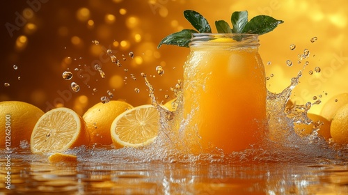 Glass of orange juice with splashing water droplets photo