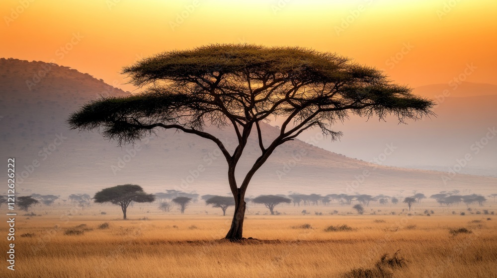 African Savanna Sunrise Lone Acacia Tree Landscape African Savanna Sunrise Lone Acacia Tree Landscape