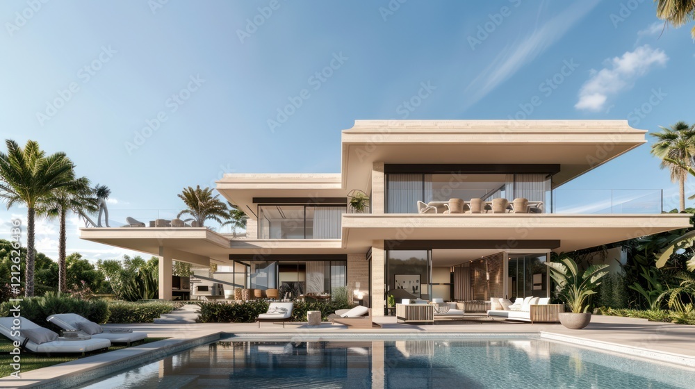 Obraz premium Modern Villa with Pool and Palm Trees