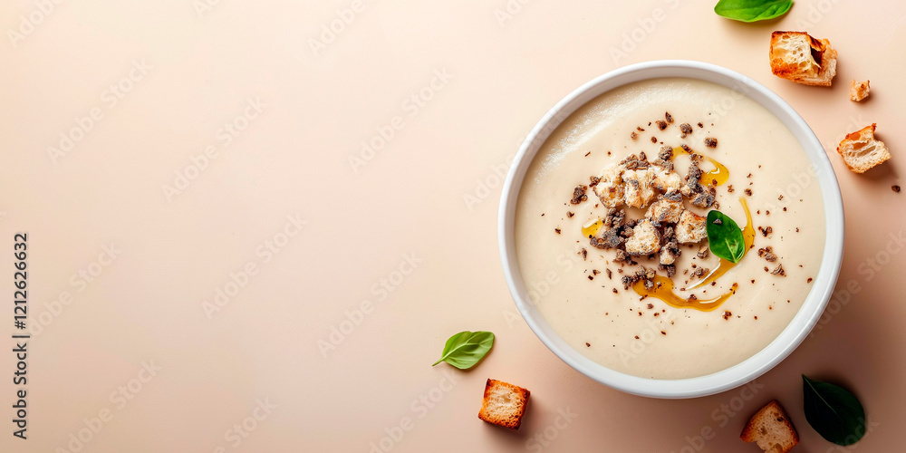 Creamy soup garnished with croutons, olive oil, black pepper, and fresh basil in a white bowl on a beige background with scattered croutons and basil leaves Creamy soup garnished with croutons, olive oil, black pepper, and fresh basil in a white bowl on a beige background with scattered croutons and basil leaves