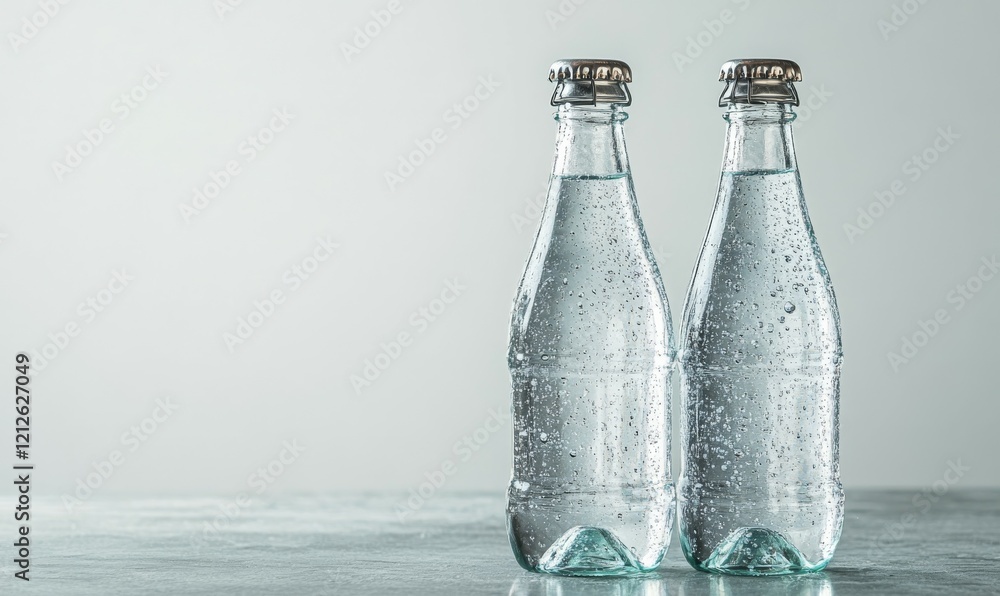 Two Glass Bottles of Sparkling Water with Metal Tops Two Glass Bottles of Sparkling Water with Metal Tops