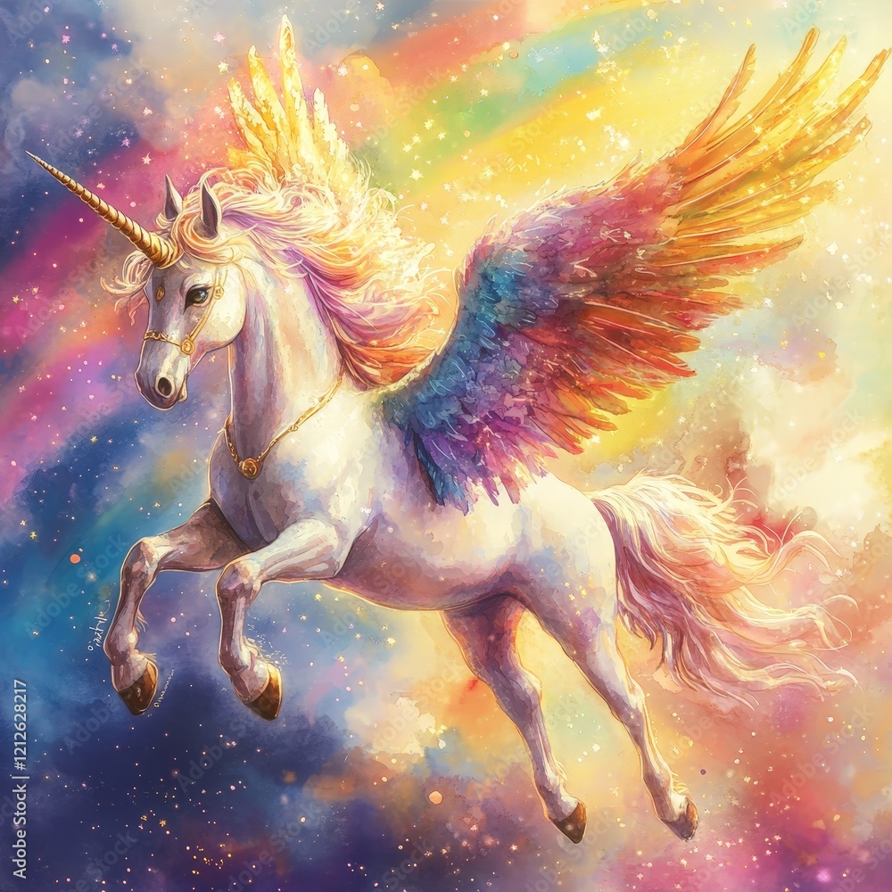 A whimsical golden-winged unicorn in a pastel rainbow sky. Perfect for children's book illustrations, nursery decor, and fantasy designs. A whimsical golden-winged unicorn in a pastel rainbow sky. Perfect for children's book illustrations, nursery decor, and fantasy designs.
