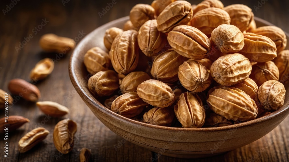 A bowl filled with whole, unpeeled nuts on a wooden surface. A bowl filled with whole, unpeeled nuts on a wooden surface.