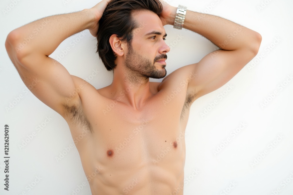Stylish Young Man with Toned Muscles Posing Confidently Against a Minimalist Background for Fashion and Fitness Themes Stylish Young Man with Toned Muscles Posing Confidently Against a Minimalist Background for Fashion and Fitness Themes