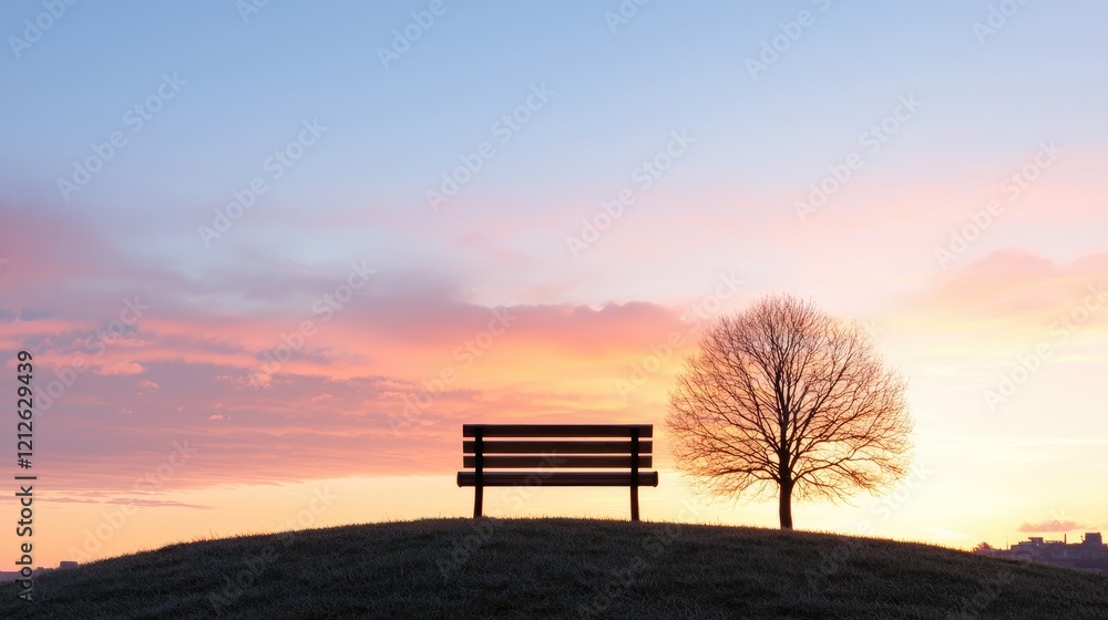 Serene Sunset over a Bench and Lonley Tree